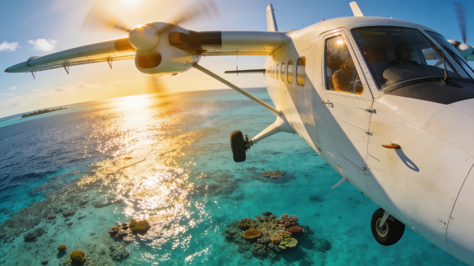 Seaplane over Maldivian atolls